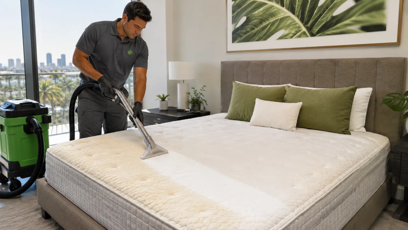 Mattress cleaning technician using an extraction tool beside a partially cleaned mattress