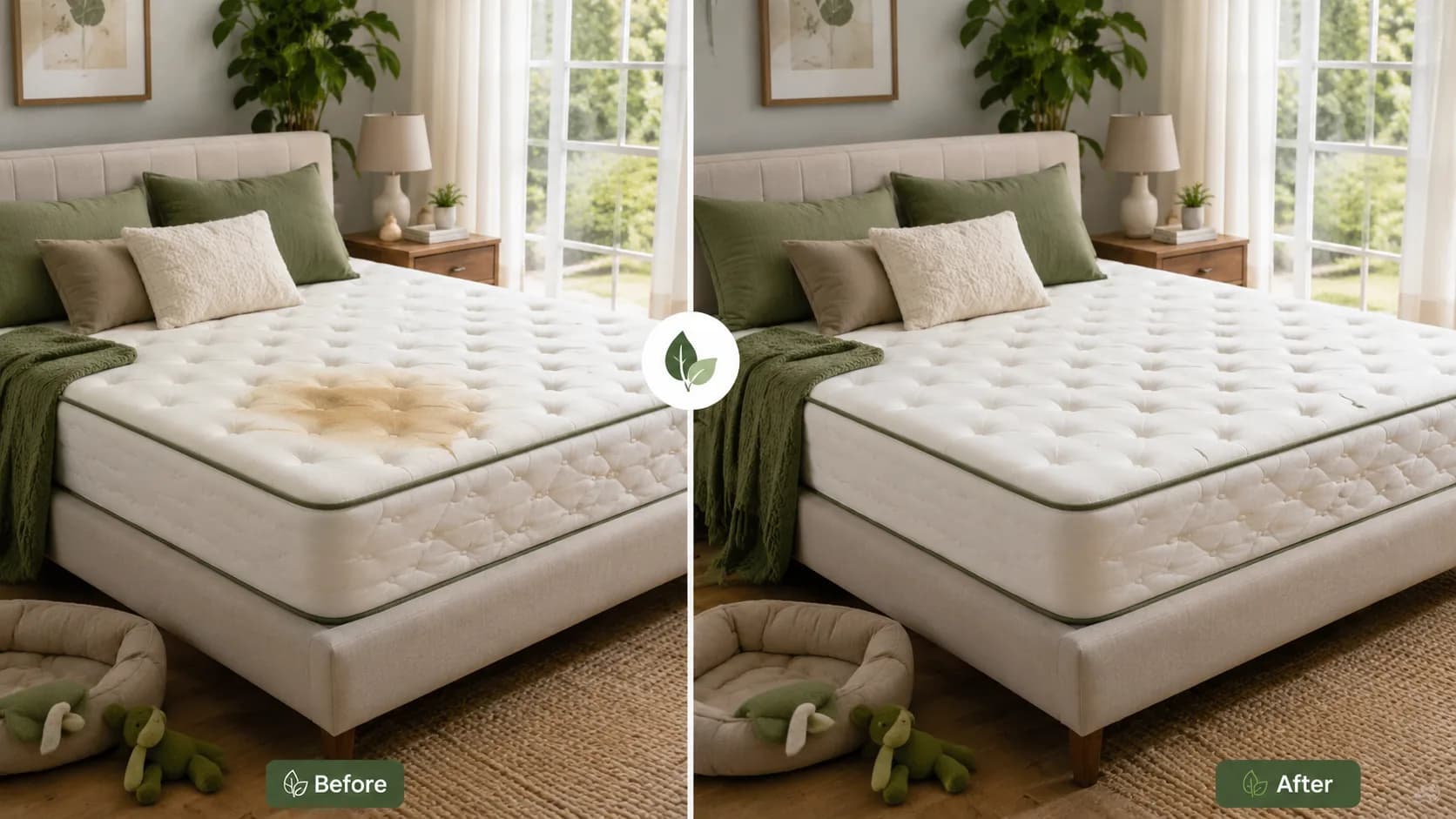 Before and after style example of a urine-style stain cleaned from a mattress