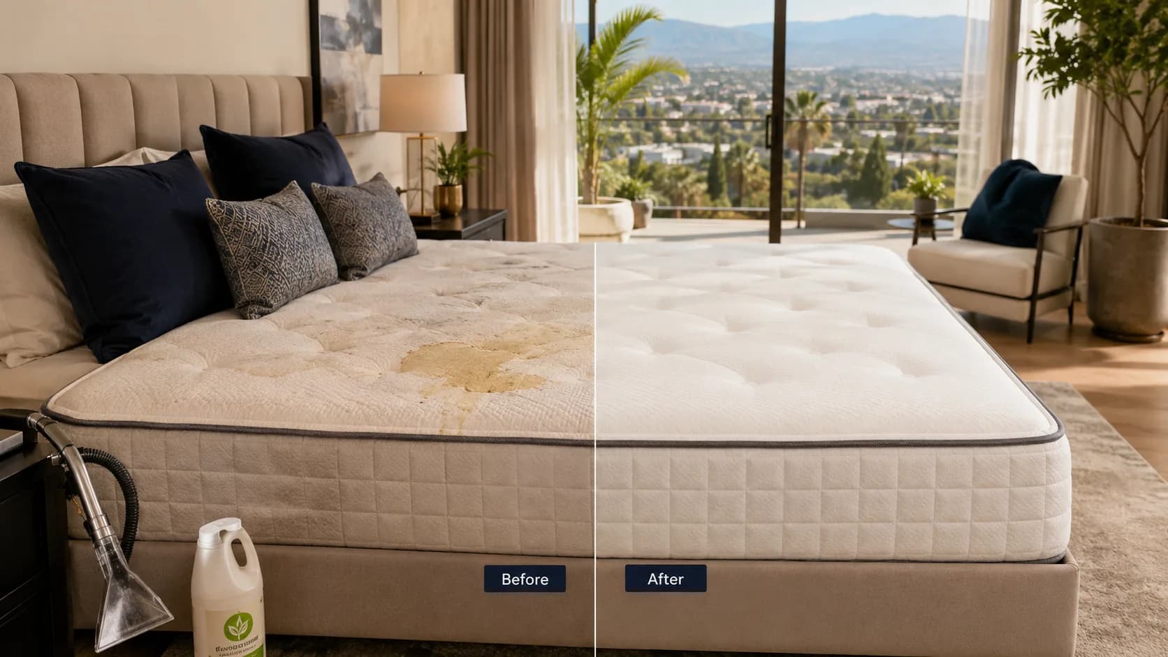 Mattress surface after organic treatment for sweat and pet-related buildup
