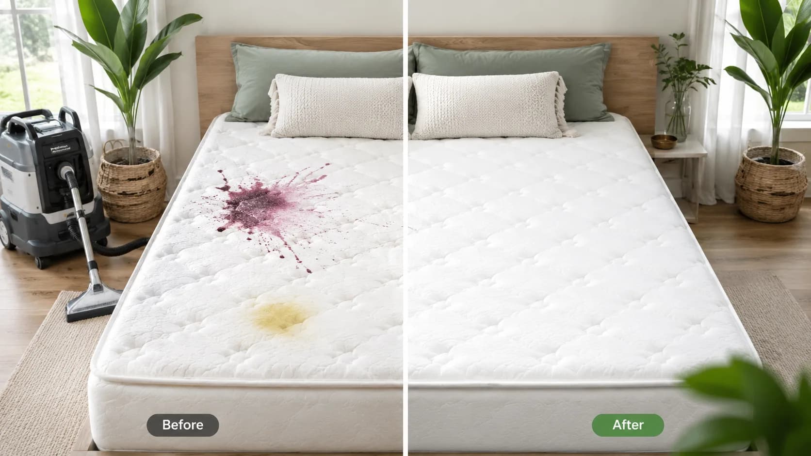 Mattress surface after organic treatment for a body oil stain in a hillside home