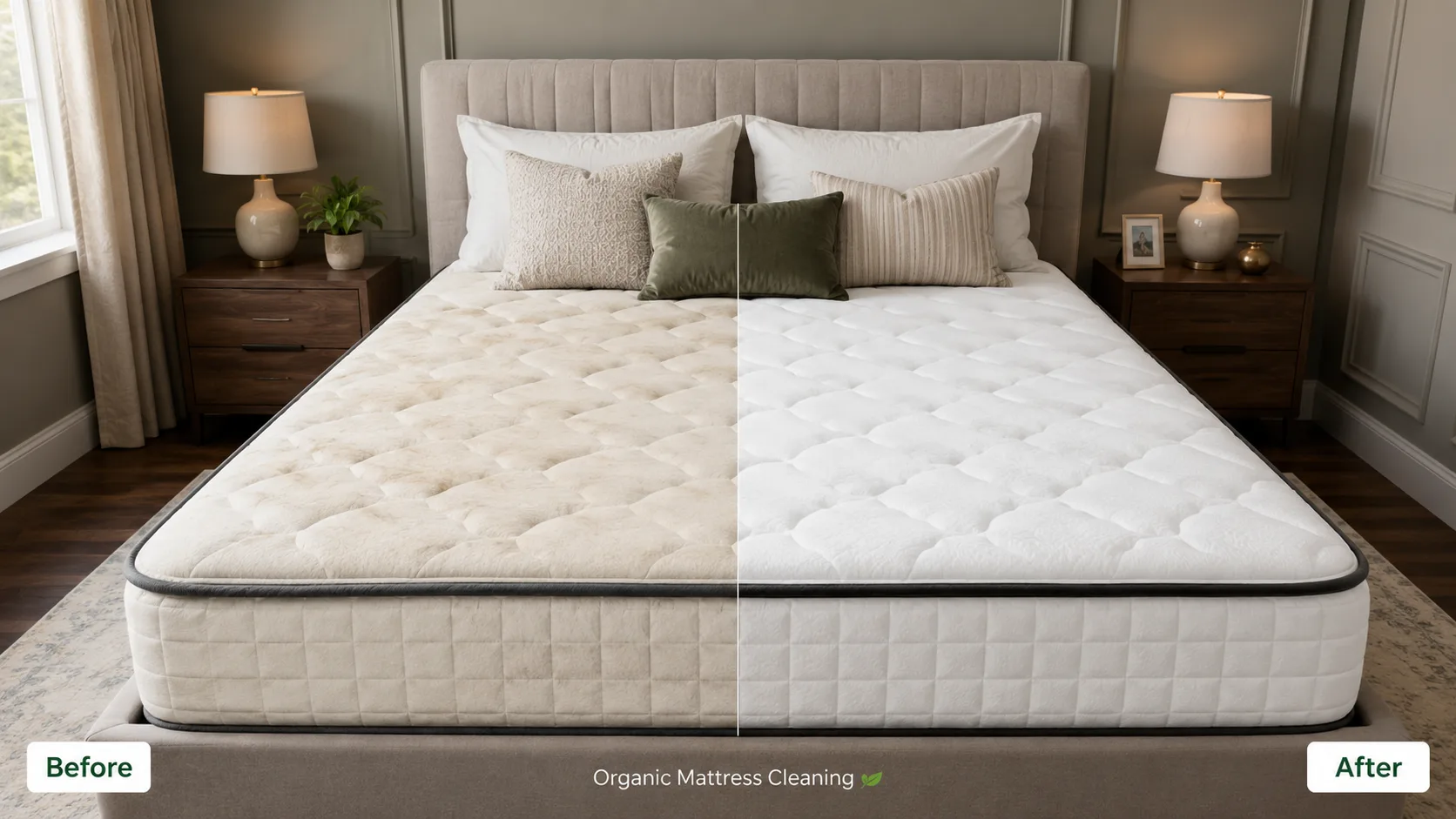 Before and after style example of a yellowed mattress surface cleaned to a fresh white finish