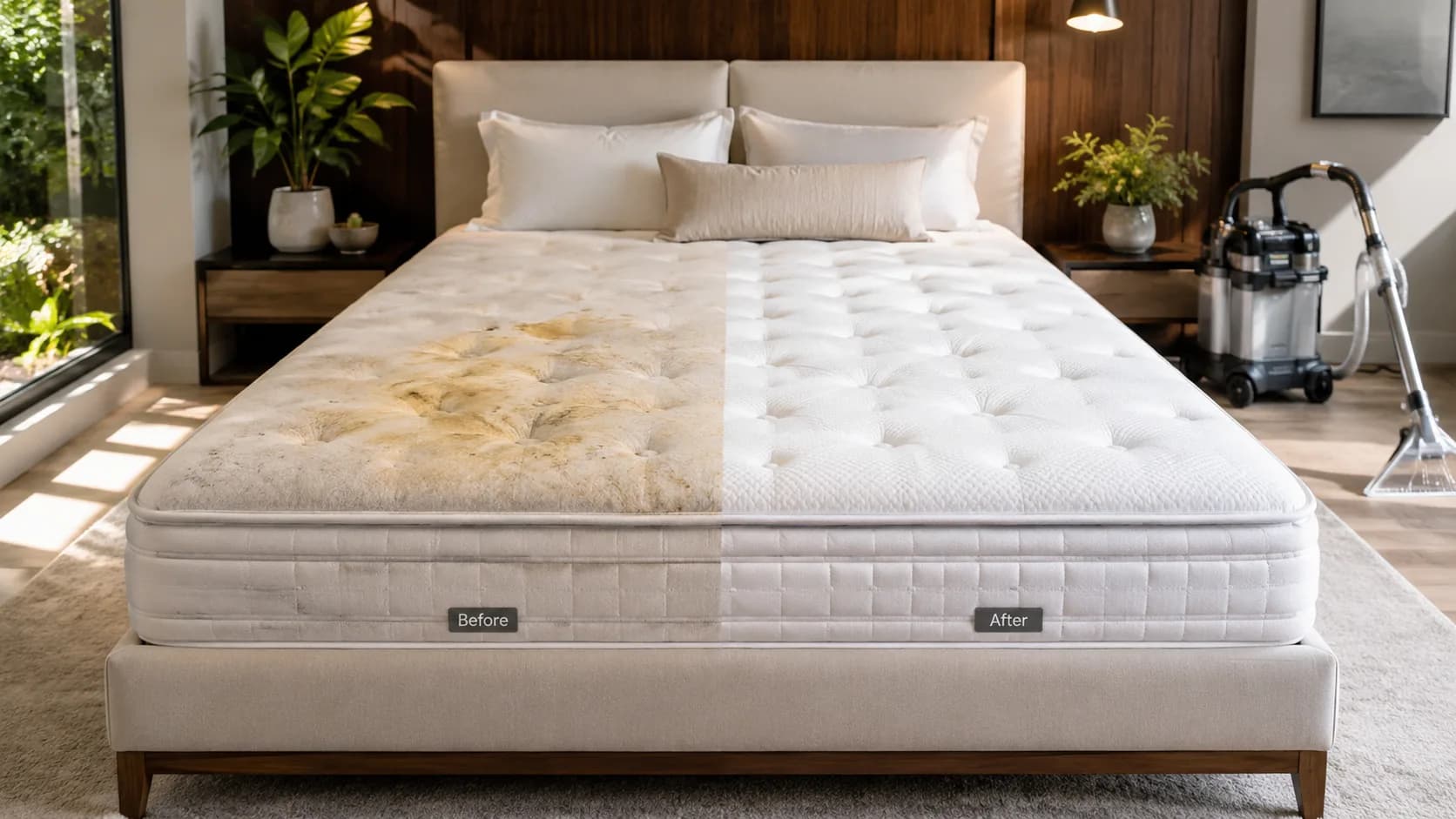 Before and after style example of body oil and sweat discoloration removed from a mattress