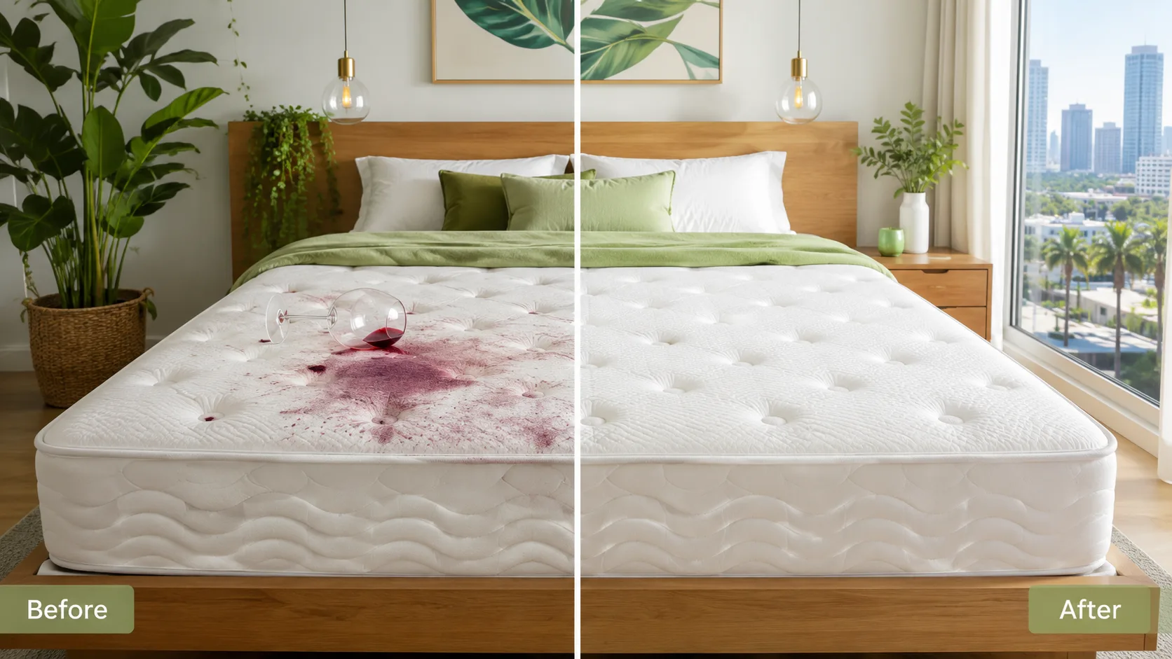 Before and after style example of a red wine stain removed from a mattress
