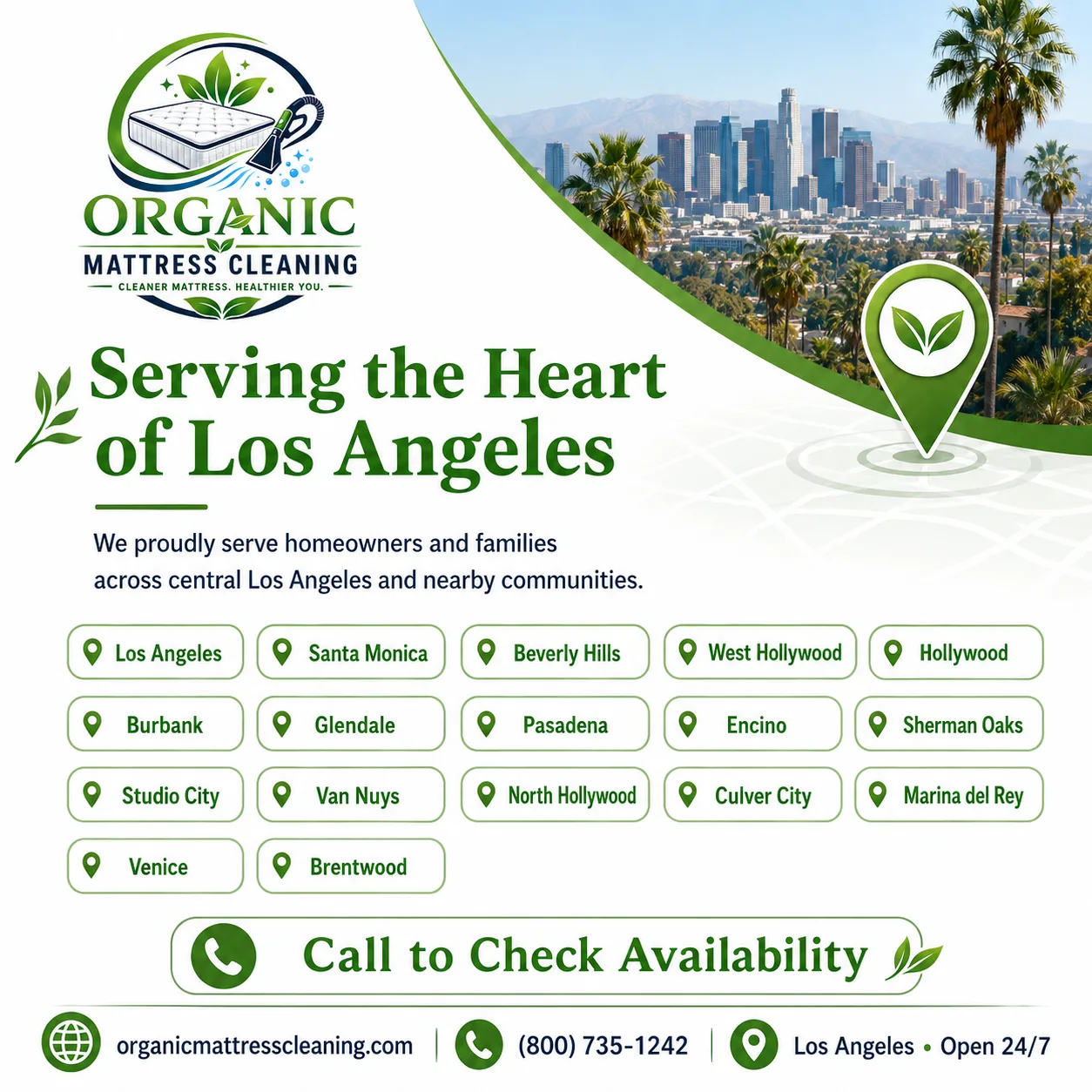Map-style graphic listing Los Angeles area communities served by Organic Mattress Cleaning