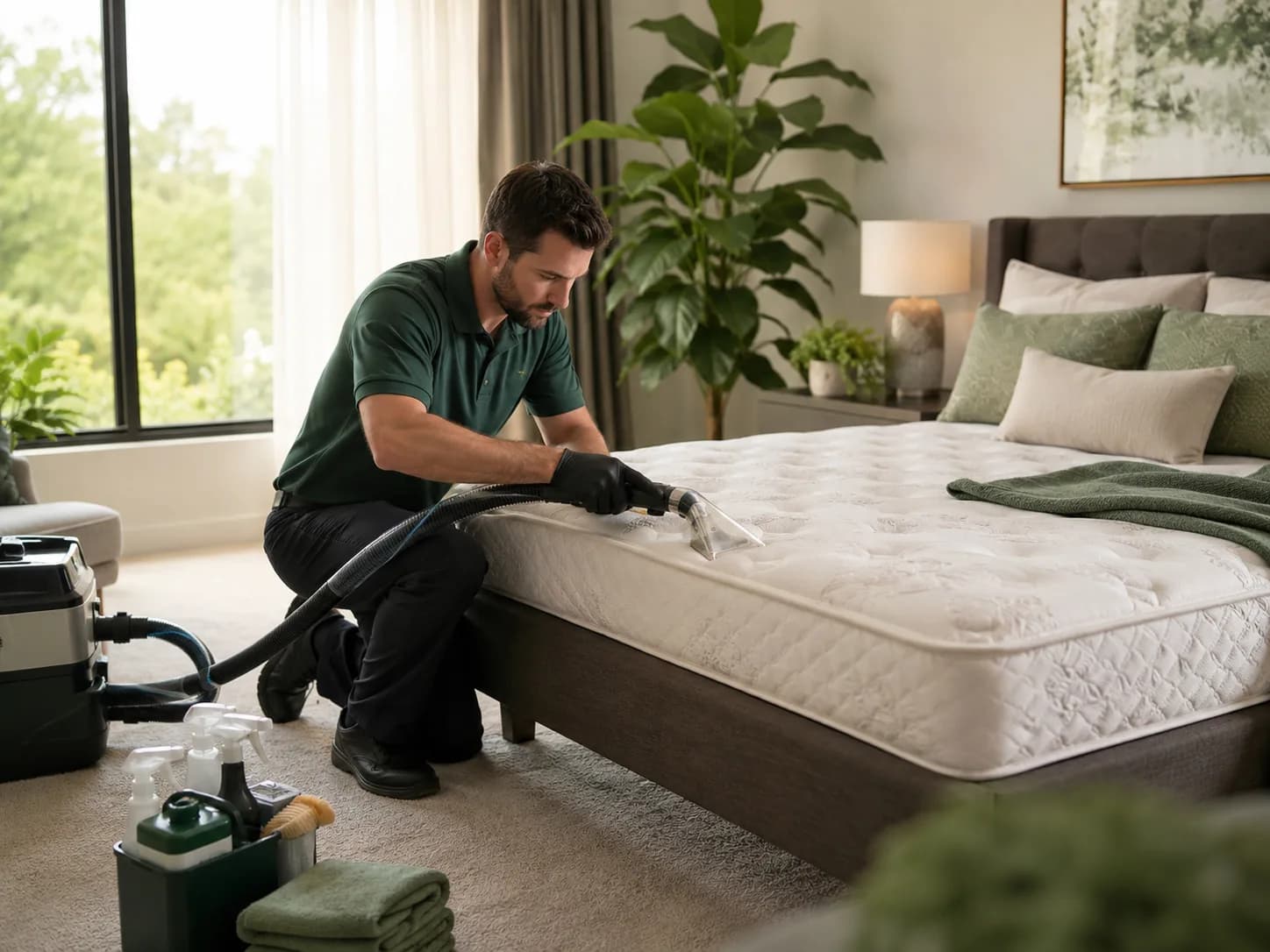 Mattress cleaning technician treating a stain with a handheld extraction tool
