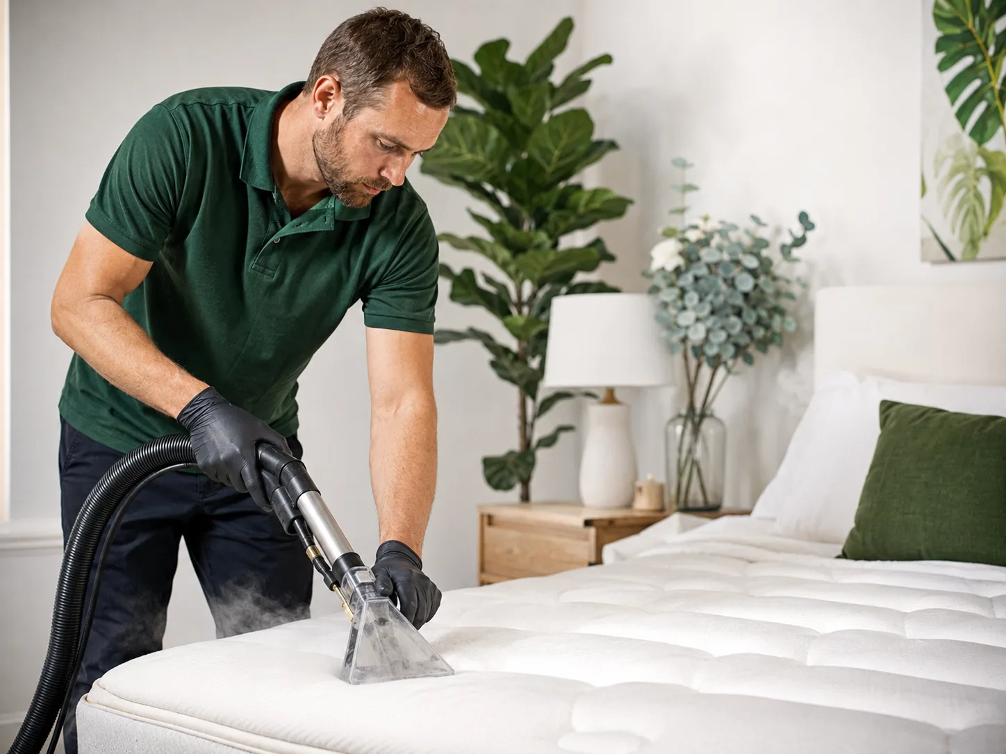 Technician using a steam extraction wand on a mattress surface