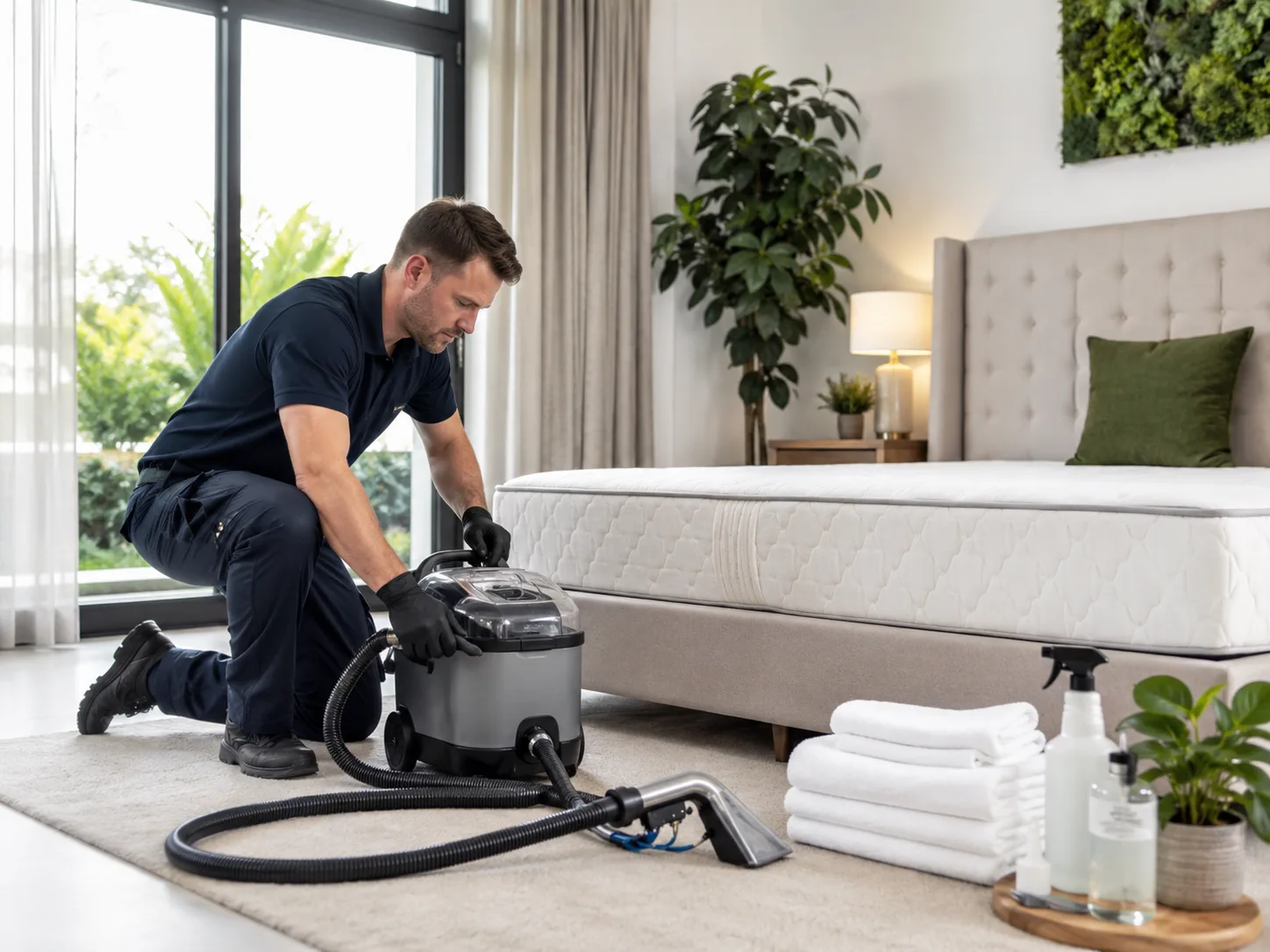 Mattress cleaning technician kneeling beside professional cleaning equipment in a bedroom