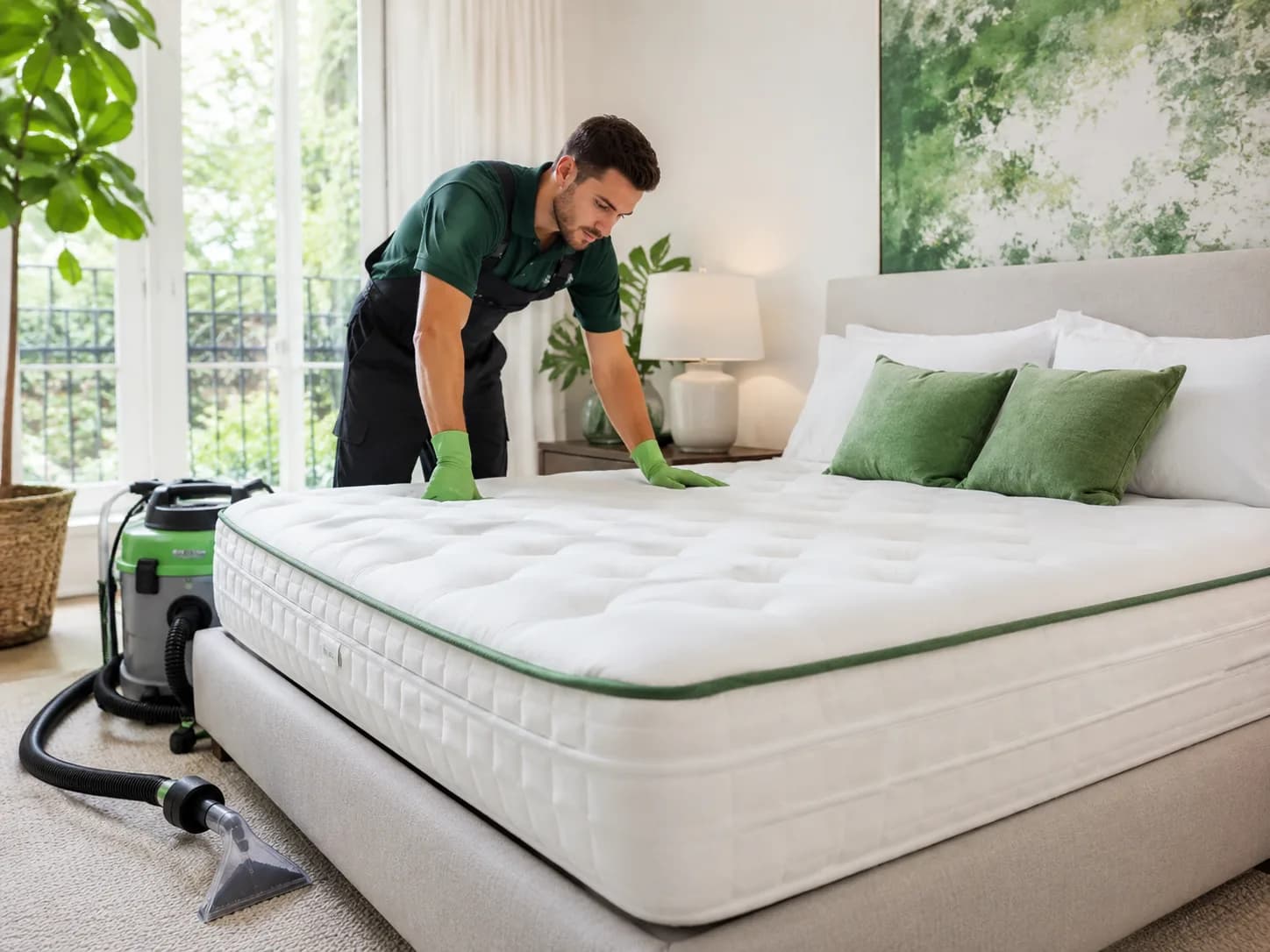 Technician cleaning a mattress while a parent and child relax nearby