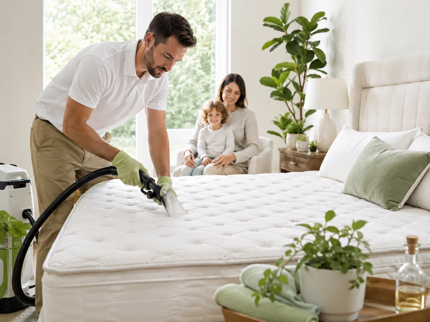 Close-up of a technician spot-treating a mattress stain by hand