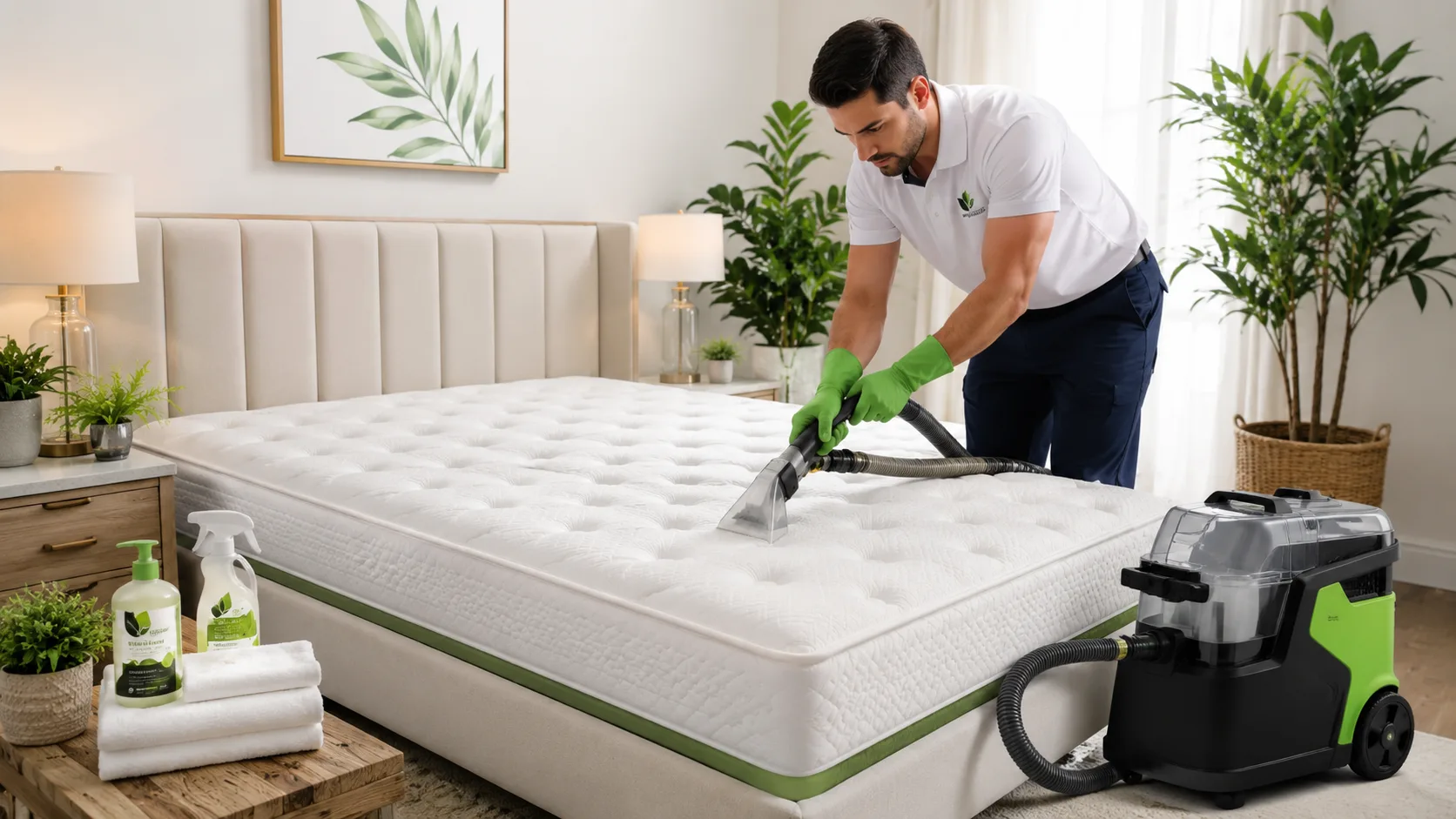 Mattress cleaning technician using a professional extraction tool on a white mattress