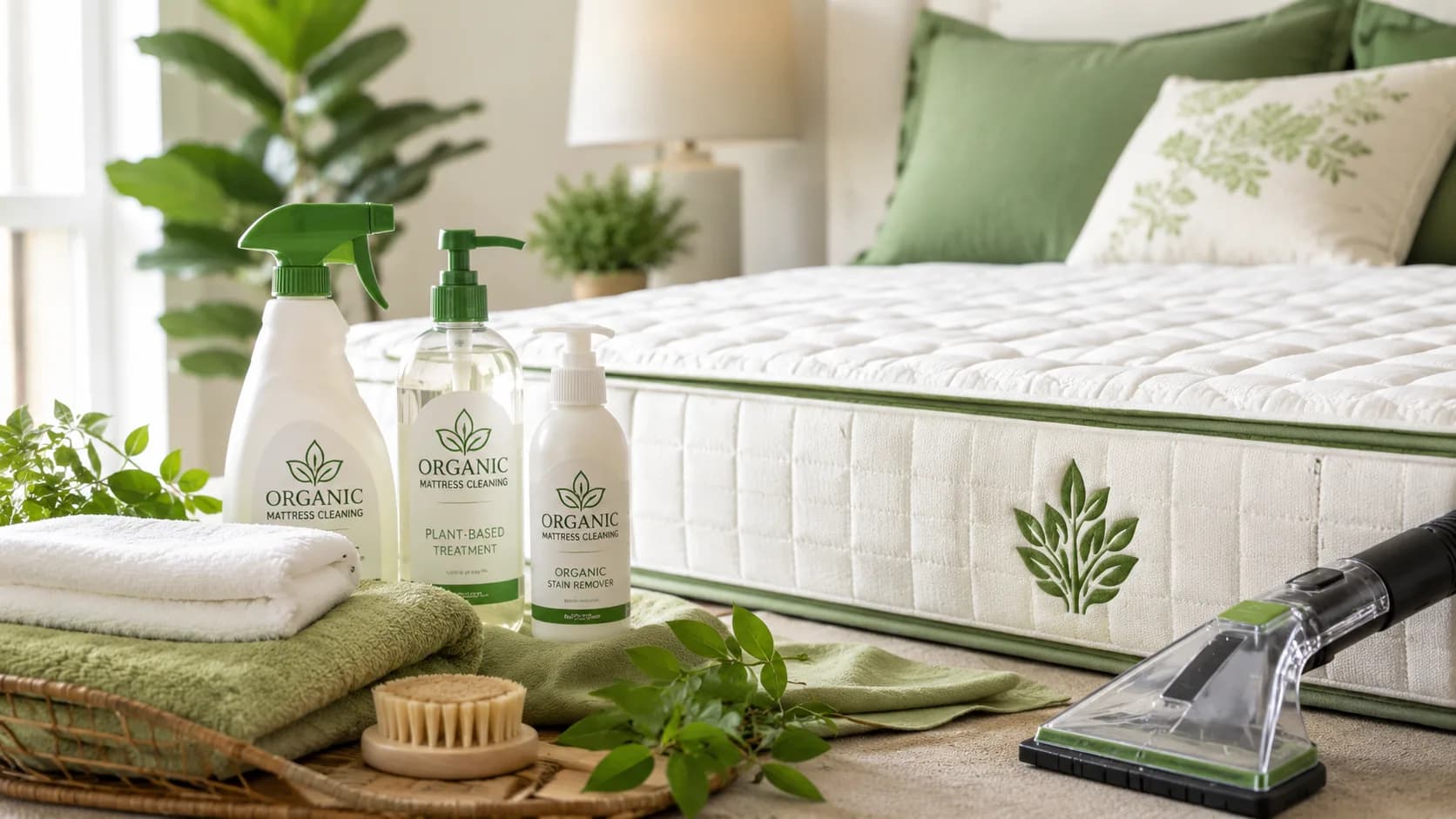 Eco-friendly mattress cleaning products beside a freshly cleaned mattress