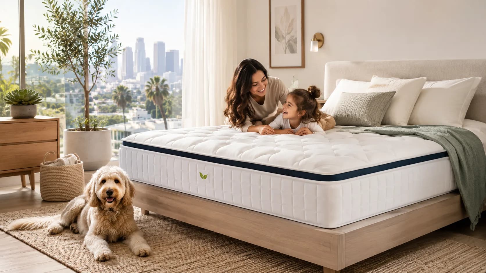 Mother, daughter, and dog relaxing on a clean mattress in a bright Los Angeles bedroom