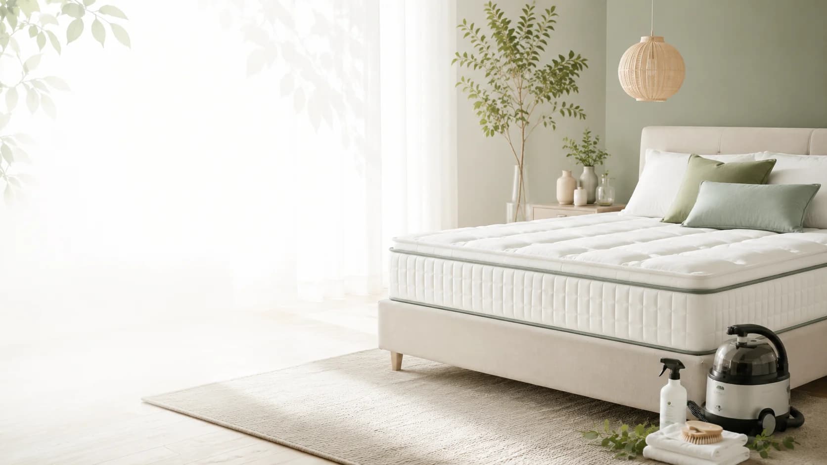 Organic mattress cleaning service hero image with clean bedroom, fresh mattress, natural light, and eco-friendly cleaning equipment
